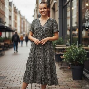 NEW Womens Sz 12 Black Tan Boho Gathered Midi Dress Pretty Garden Casual Comfort